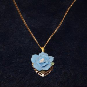 Vintage Unknown Necklace Pendant Ceramic Rose on Metal Heart Shaped Tray Chain